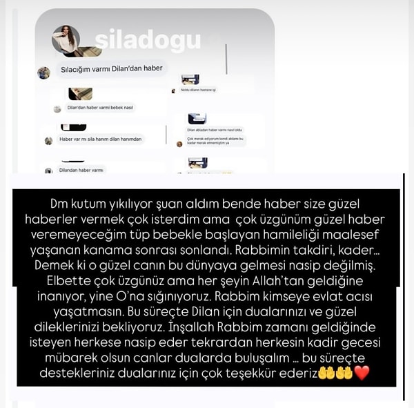 Dilan Polat’ın ablası Sıla Doğu, sosyal medya hesabından yaptığı açıklamayla hamileliğin sonlandığını duyurdu.