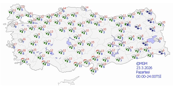 Meteoroloji Genel Müdürlüğü, 23 Mart Pazartesi günü için 67 ile uyarıda bulundu.