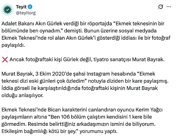 Sosyal medyada 'Akın Gürlek' olarak paylaşılan fotoğraflardaki kişinin Murat Bayrak isimli bir kişi olduğu öğrenildi. (Kaynak: Teyit)