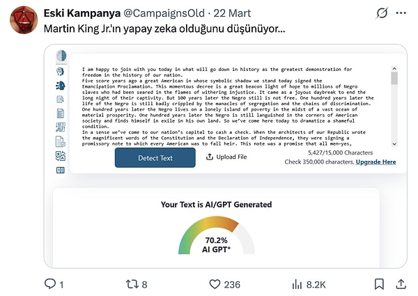 Bu tür araçlar genellikle cümle yapısı, tekrar oranı ve “yapay zeka benzeri” kelime kalıplarını analiz ettiği için eski resmi yazılarda daha çok hata yapıyor.