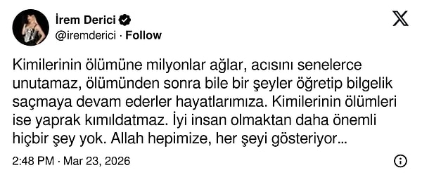En dikkat çeken çıkış ise İrem Derici’den geldi. Derici, yaptığı paylaşımda şu ifadeleri kullandı:
