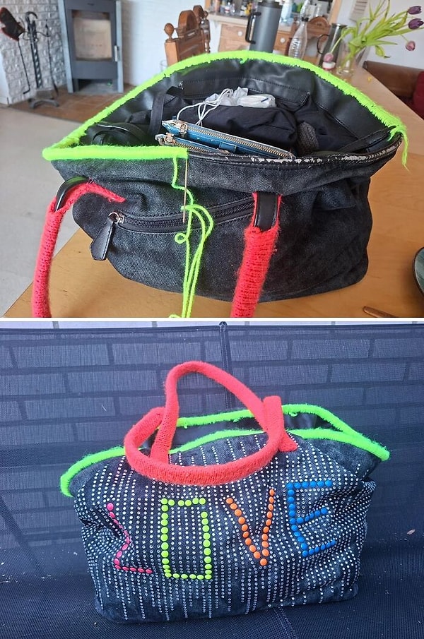 Soyulmaya başlayan el çantasını onardı, ortaya daha havalı bir görünüm çıktı!