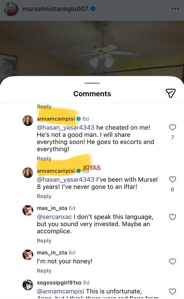 Kıyas'ın iddiasına göre Anna Campisi, Instagram'da Mürsel'in fotoğrafına yanıt veren takipçileriyle yorumlaştı.