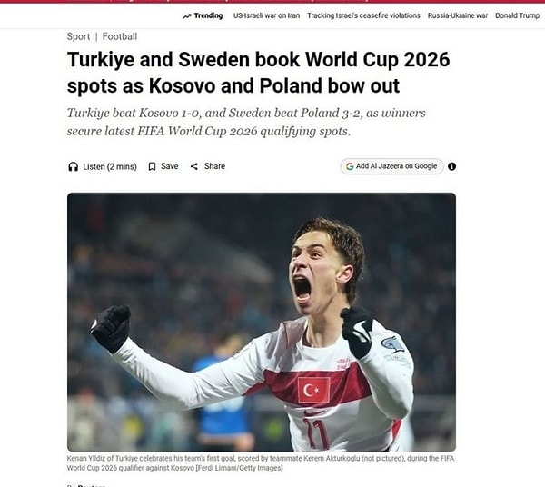 Al Jazeera; Türkiye, play-off finalinde Kosova'yı 1-0 yenerek 24 yıllık Dünya Kupası bekleyişini bitirdi ve 2002'den bu yana ilk kez futbolun en büyük sahnesine geri döndü.