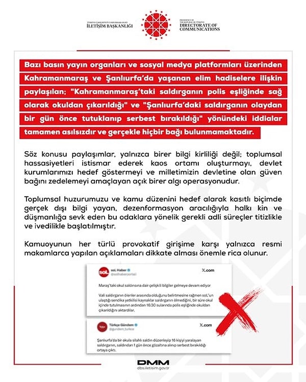 "İddialar asılsızdır ve gerçeği yansıtmamaktadır. Bu tür provokatif psikolojik harp içerikleri..."