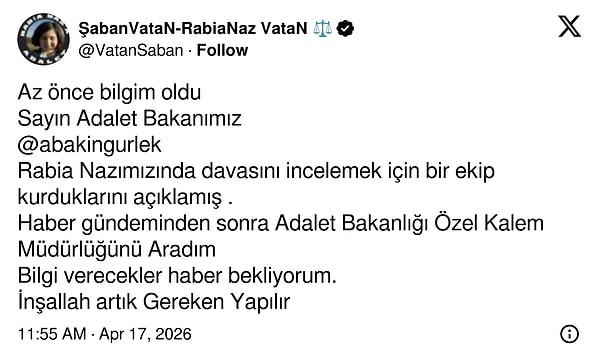 Rabia Naz Vatan'ın babası Şaban Vatan'dan paylaşım.