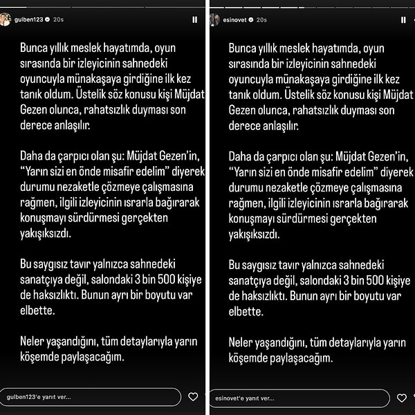 İşte önce Esin Övet, hemen akabinde Gülben Ergen tarafından kendisine aitmiş gibi yayınlanan, birbirinin kopyası o iki paylaşım.