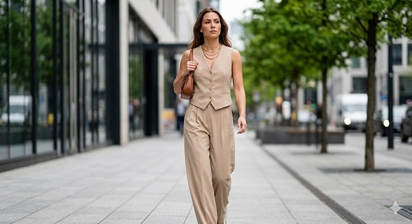 7. Maskülen çizgiler, feminen duruş: Kumaş yelek ve dökümlü pantolon kombini