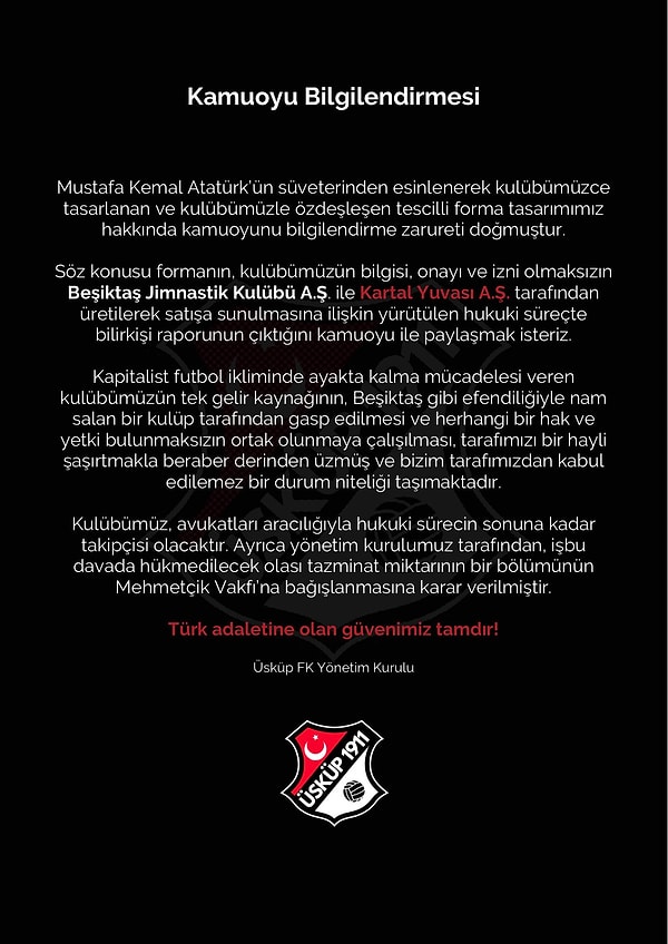 Üsküp FK Yönetim Kurulunun sosyal medyadan yayımladığı açıklamanın tamamı şöyle: