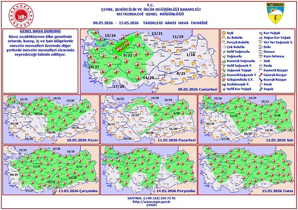 Meteoroloji Genel Müdürlüğü (MGM), 9-15 Mayıs hava durum tahminini paylaştı.