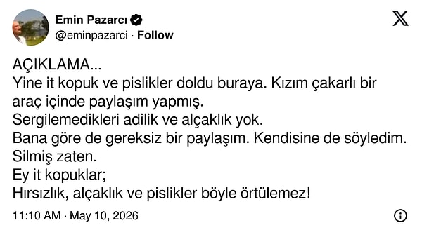 Emin Pazarcı da yaşananları eleştirenlere "it kopuk" diyerek hakaretlerde bulundu.