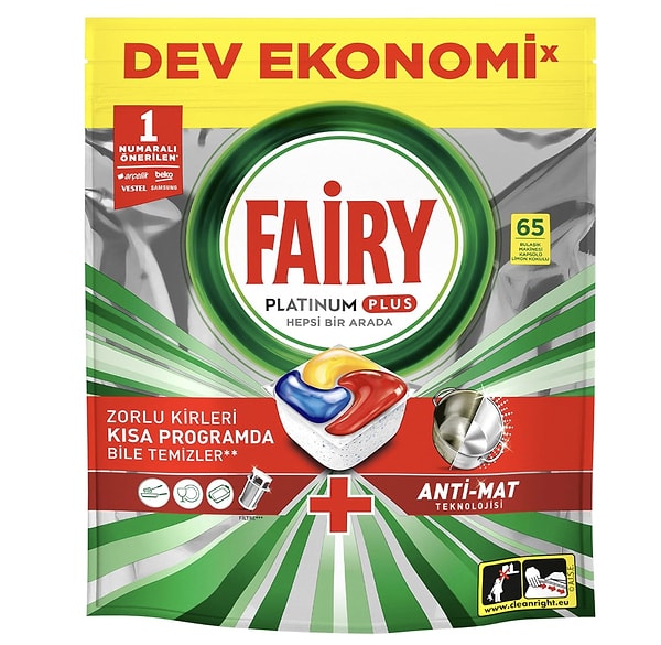 Fairy Platinum Plus Bulaşık Makinesi Tableti, 65 yıkama dev paketiyle son 30 günün en düşük fiyatında.