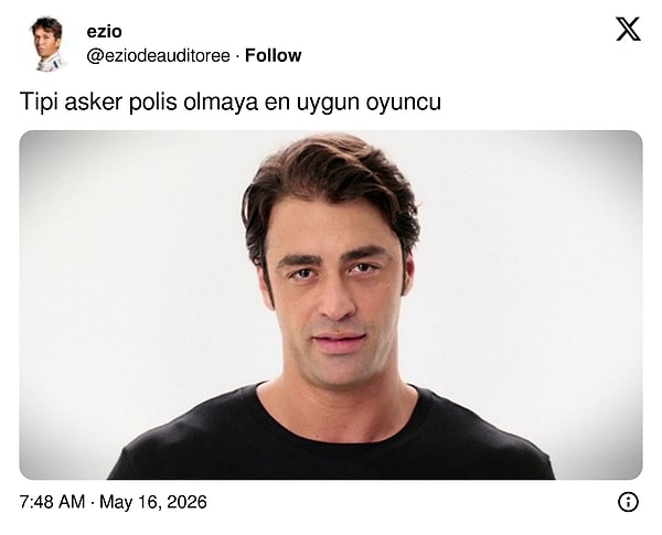 Bir X kullanıcısı da ünlü oyuncu Sarp Levendoğlu'nu asker veya polis oynamaya en uygun oyuncu olarak gördüğünü paylaştı.