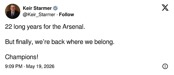 Başbakan Keir Starmer Arsenal'i kutladı. Ancak paylaşımı taraflı bulundu.