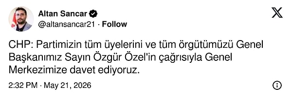 Gazeteci Altan Sancar, CHP tarafından üyelerin Genel Merkez’e çağırıldığını açıkladı.