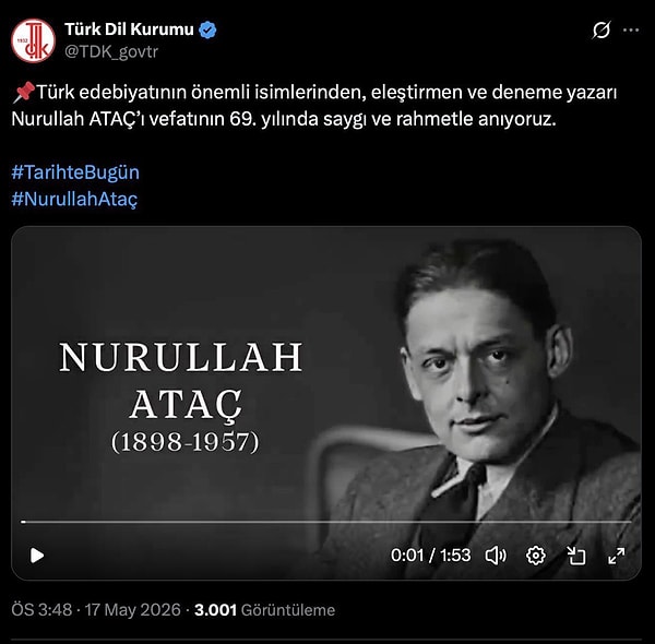 TDK, Nurullah Ataç'ı ölüm yıl dönümünde anmak için bir paylaşım yaptı.