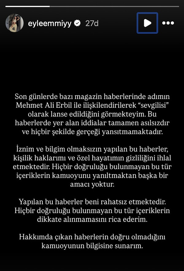 Eylem Çelik, who was recently rumored to be in a romantic relationship with Mehmet Ali Erbil, has just made her first statement regarding these allegations.