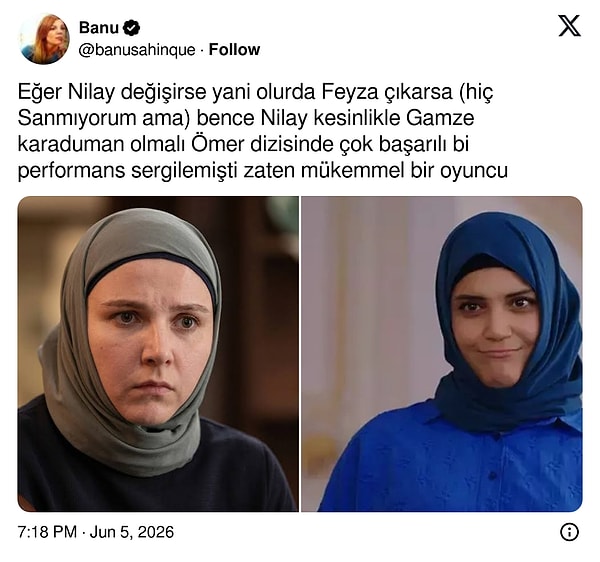 Kızılcık Şerbeti seyircisinin Feyza Civelek sonrası Nilay karakteri için tercihi Ömer'de izlediğimiz Gamze Karaduman oldu.