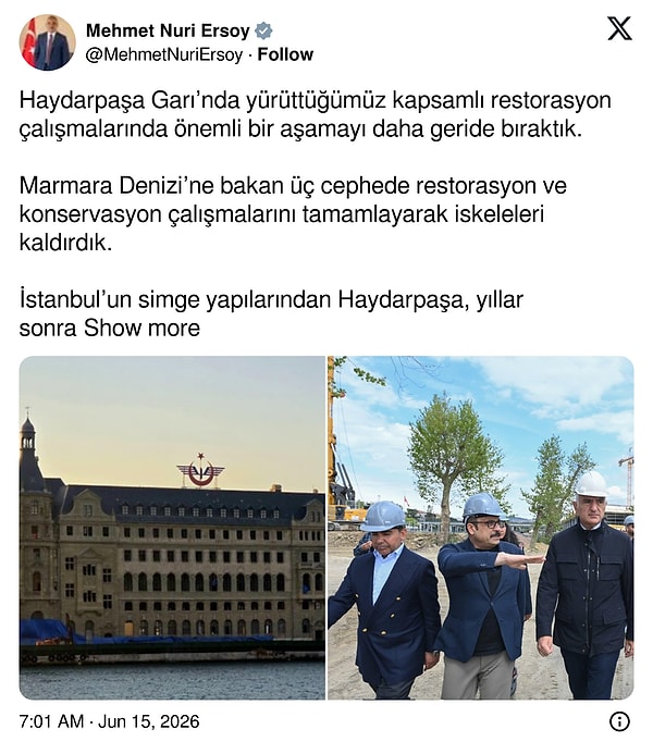 Çalışmaları yerinde takip eden Kültür ve Turizm Bakanı Mehmet Nuri Ersoy’un paylaşımı
