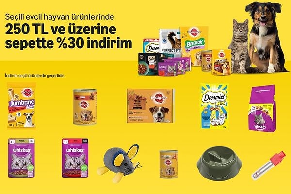 Amazon’un evcil hayvan sahiplerine özel hazırladığı kampanyasında, seçili evcil hayvan ürünlerinde 250 TL ve üzerine sepette anında %30 indirim uygulanıyor.