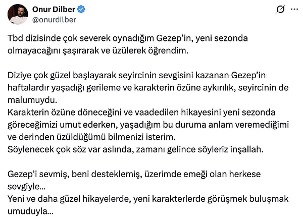 Taşacak Bu Deniz'in Gezep'i Onur Dilber, diziden çıkarıldığını X hesabından yaptığı paylaşımla açıkladı.