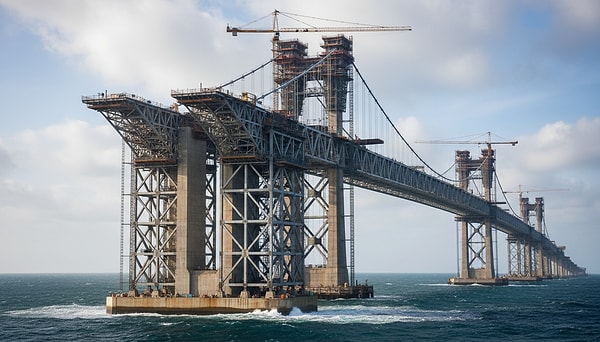 A double-decker bridge with sixteen lanes is under construction.
