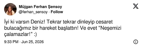 Ferhan Şensoy'un kızlarından Müjgan Ferhan Şensoy'dan da tebrik geldi.