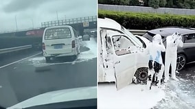 Like a Comedy Movie: Paint Truck Accident in Shanghai Soaks Passengers in Bright Colors