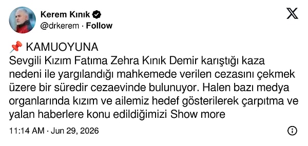 Kerem Kınık’ın X’teki paylaşımı