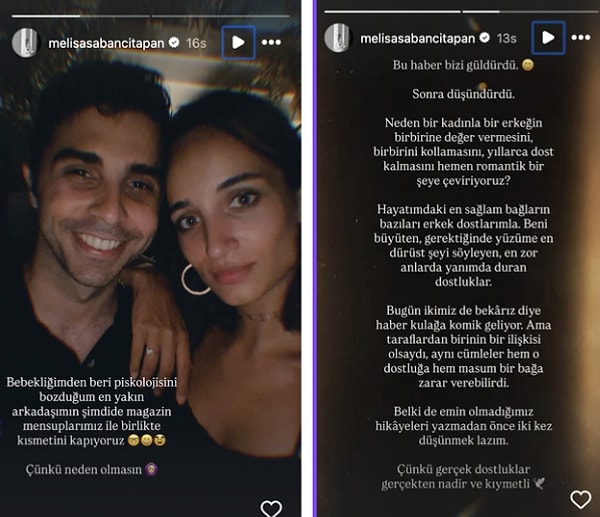Bebek'te birlikte görüntülenmelerinin ardından ikili hakkında "yeni bir ilişki başladı" yorumları yapılırken, Melisa Tapan iddialara sosyal medya hesabından yaptığı paylaşımlarla yanıt verdi.