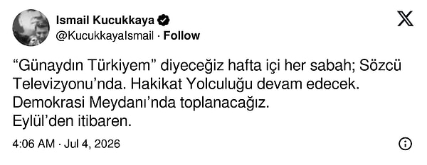 İşte İsmail Küçükkaya'nın Sözcü TV paylaşımı: