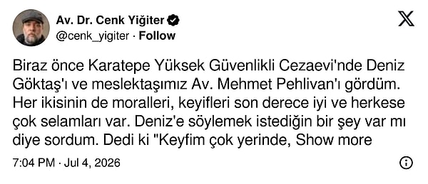 Avukat Cenk Yiğiter’in paylaşımı