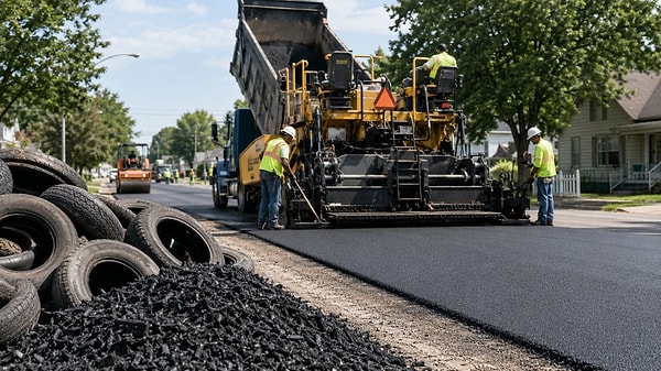Two thousand old tires were incorporated into the asphalt.