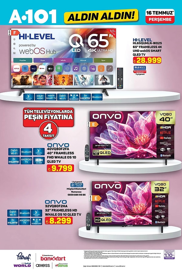 Hi-Level 65'' Frameless 4K UHD webOS Smart QLED TV 28.999 TL