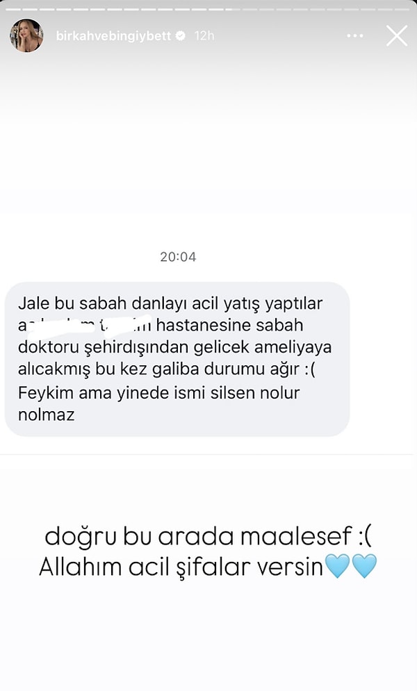 A message sent to the gossip account 'birkahvebingiybet' claimed that Danla Bilic was urgently hospitalized in the early hours of the morning. It was suggested that she would be operated on again by a doctor coming from out of town, and this time, her health condition was alleged to be more serious.