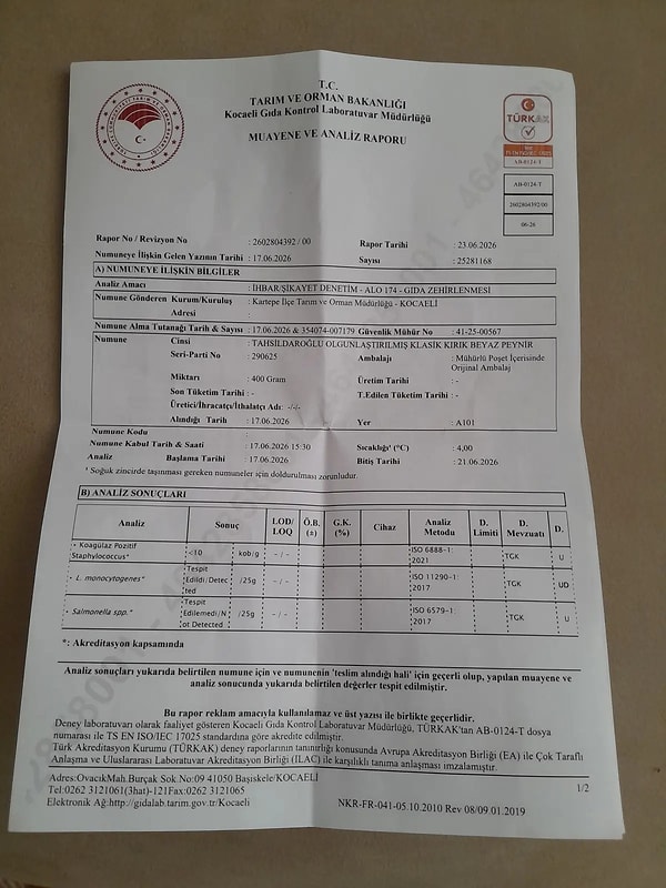 Yapılan hassas testler sonucunda, incelenen peynir numunelerinde hayati risk taşıyan listeria bakterisinin varlığı kesin olarak kanıtlandı.