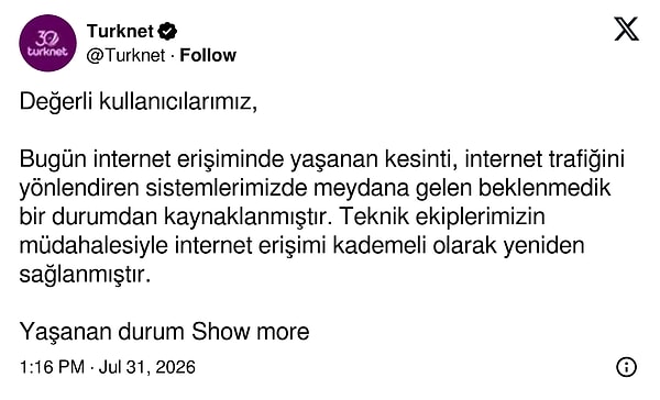 TurkNet internet kesintisinin nedenini açıkladı.