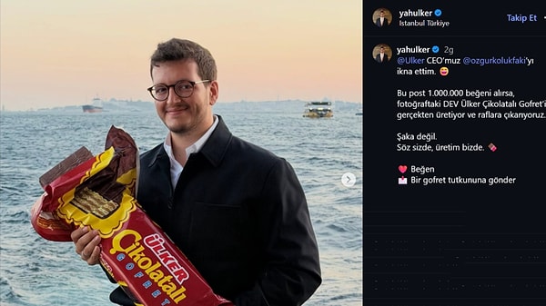 Yahya Ülker, paylaşıma 1 milyon beğeni gelirse dev çikolatalı gofret üreteceklerini açıkladı.