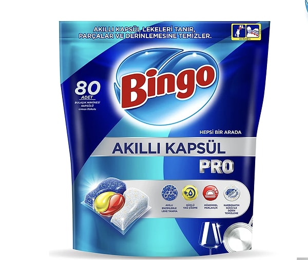 Bingo Akıllı Kapsül Pro bulaşık makinesi deterjanı 80'li paket sepete özel fiyatla 359,00 TL!