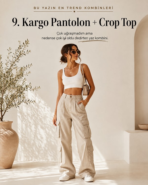 Kargo pantolon + crop top hâlâ cool görünmenin kısa yolu.
