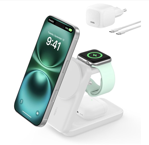 Belkin UltraCharge 3'ü 1 arada Qi2 manyetik kablosuz şarj istasyonu %10 indirimle son 90 günün en ucuz fiyatı net 3.509,10 TL!