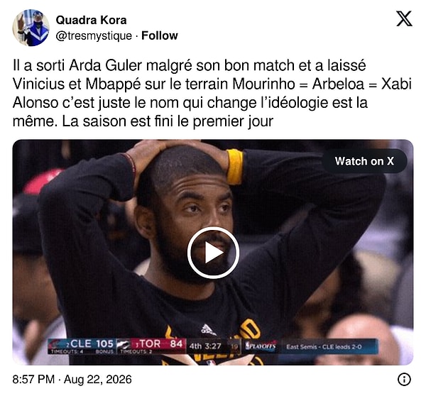 "Arda Güler'i iyi maçına rağmen oyundan çıkardı ve Vinicius ile Mbappé'yi sahada bıraktı. Mourinho = Arbeloa = Xabi Alonso, sadece isim değişiyor, ideoloji aynı. Sezon ilk günden bitti."