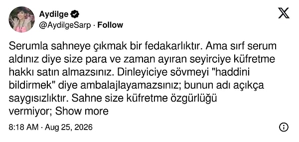 Aydilge, “Sahne size küfretme özgürlüğü vermiyor, sadece mikrofon veriyor” sözleriyle Bülent Ersoy’a tepki gösterdi.