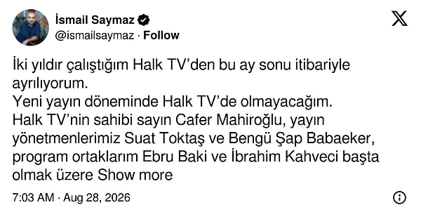 Ünlü gazeteci İsmail Saymaz, Halk TV'den ayrıldığını açıkladı.
