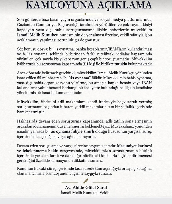 Melih Kunukçu'nun avukatının açıklaması şu şekilde: