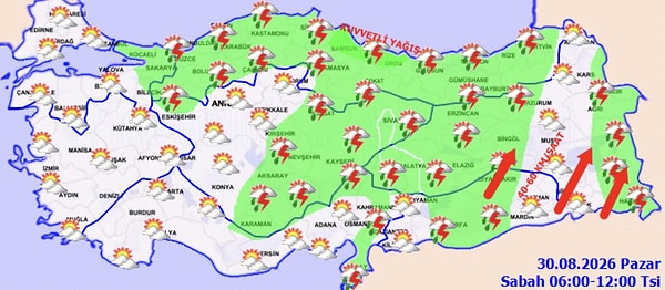Marmara’nın doğusu, Doğu Akdeniz’in doğusu, İç Anadolu, Karadeniz, Doğu Anadolu (Bitlis ve Şırnak hariç) ile Şanlıurfa, Gaziantep, Kilis, Adıyaman ve Diyarbakır çevrelerinde sağanak ve gök gürültülü sağanak yağış bekleniyor.