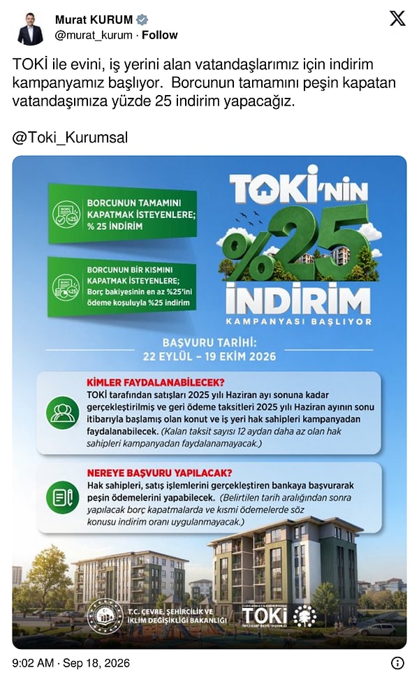 Bakan Murat Kurum: "Yüzde 25 indirim yapacağız"