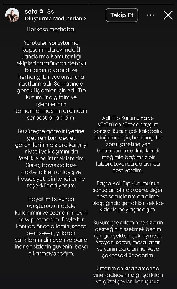 İşte yasaklı madde soruşturmasında gözaltına alınan Sefo'nun açıklaması: