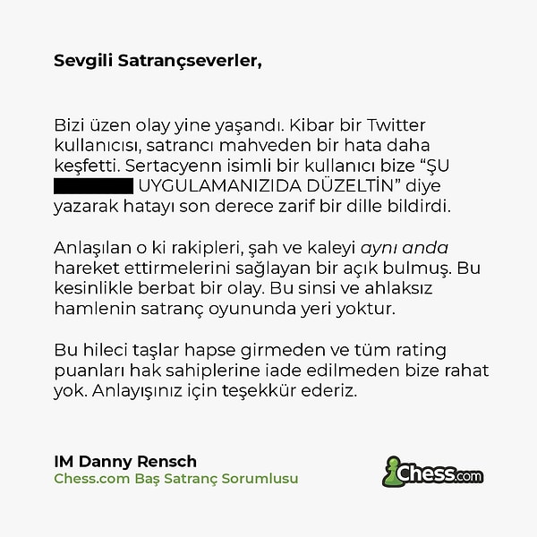 Kullanıcının hata sandığı hamle, satrancın en bilinen kurallarından biri olan rok çıktı