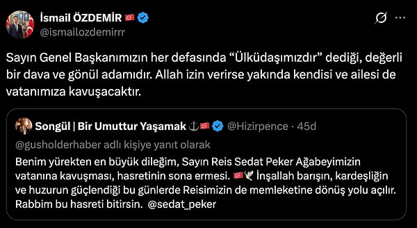 İsmail Özdemir, Sedat Peker'i Devlet Bahçeli'nin sözleriyle tanımladı: "Ülküdaşımızdır" denilen, değerli bir dava ve gönül adamı.